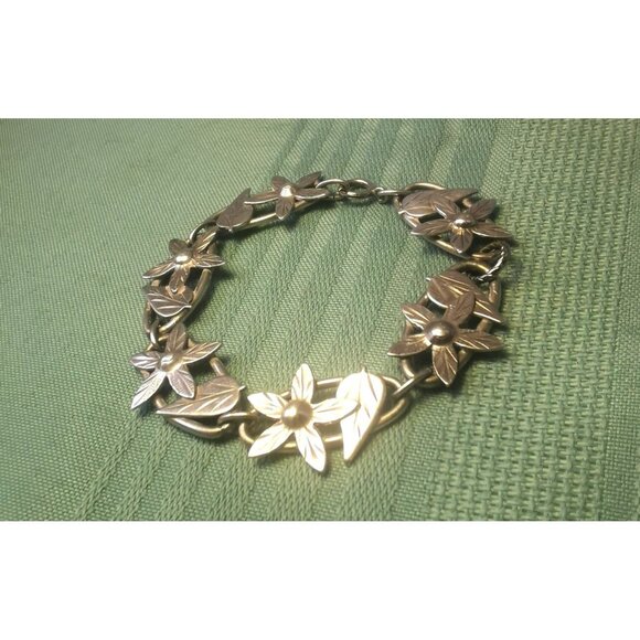 Vintage 1970s Sterling Silver Flower Leaf Bracelet 7” 15g Nature Motif Medium - Picture 2 of 8